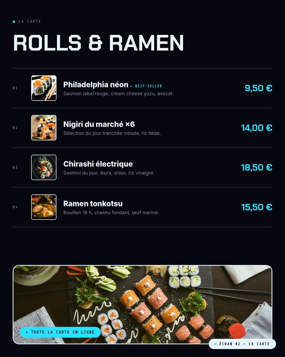 Carte de restaurant web moderne et lisible, plats photographiés et prix clairs, concept Denki