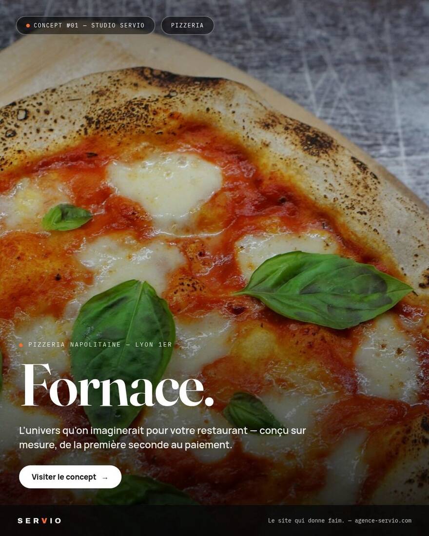 Concept Fornace : refonte d'univers pour pizzeria napolitaine, feu de bois et typographies chaudes, signé SERVIO