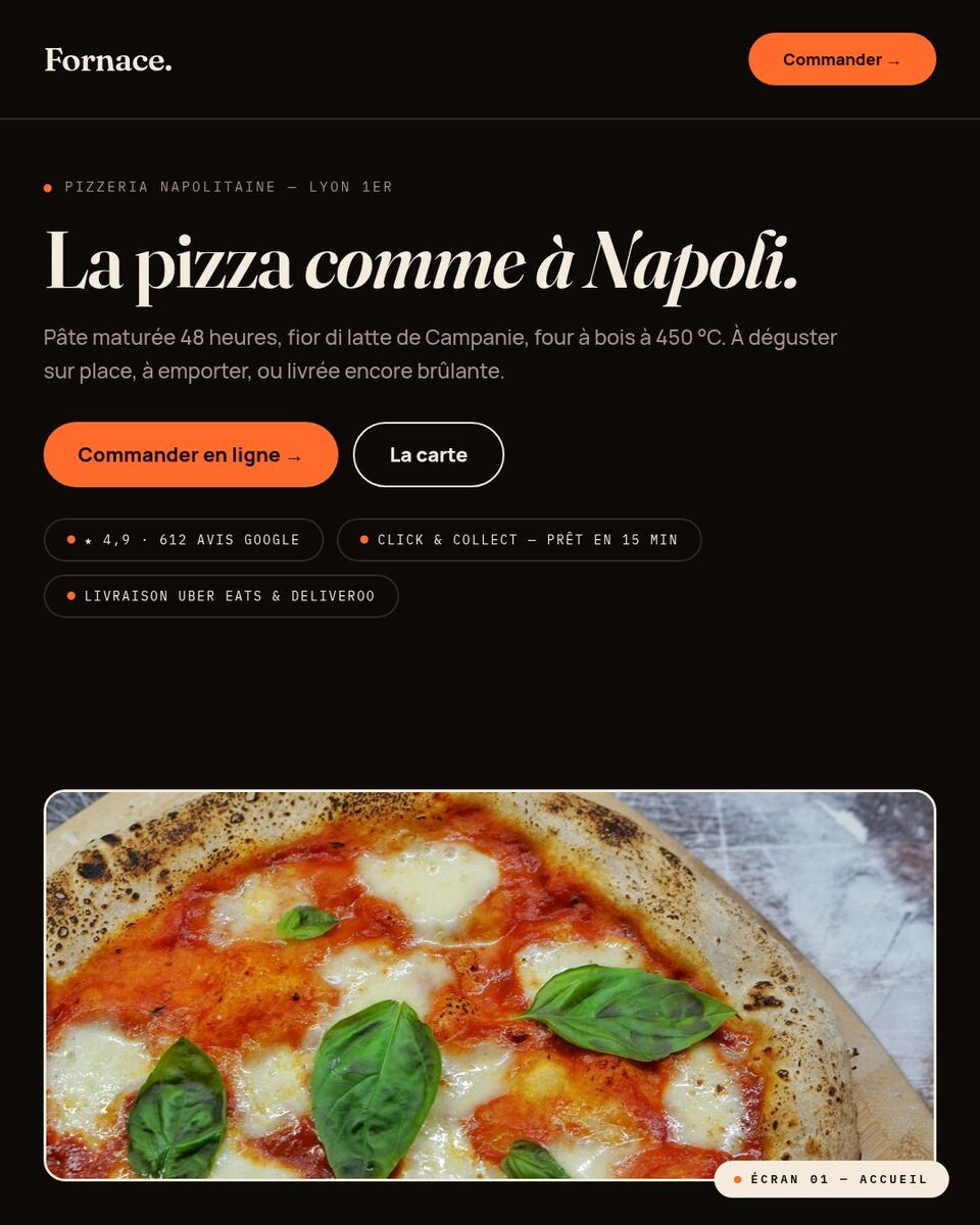 Carte web du concept Fornace : pizzas napolitaines présentées avec photos et prix lisibles sur mobile