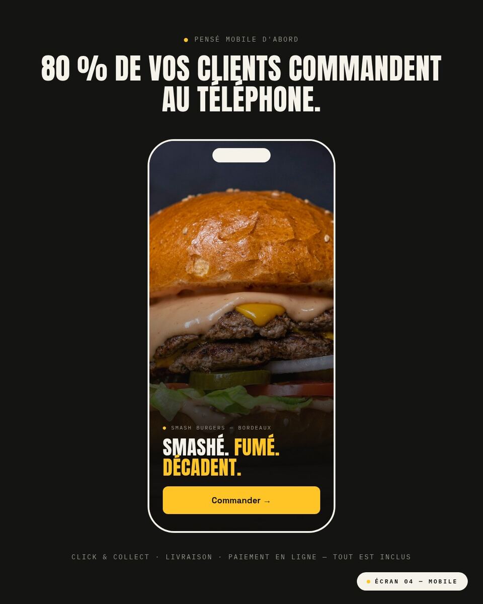 Page du concept Holysmash : smash burger en grand format, informations et commande accessibles immédiatement