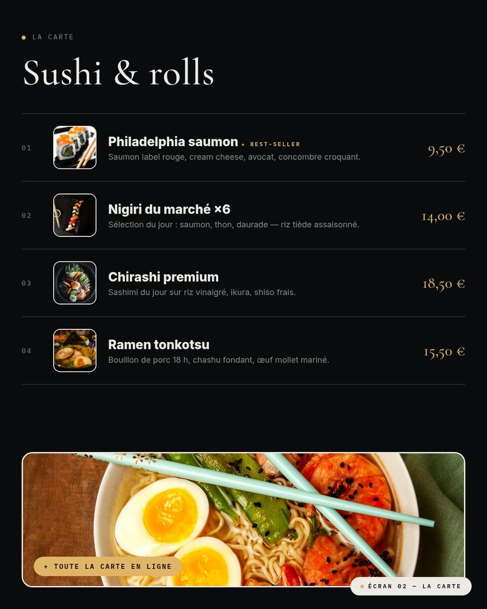 Concept Koya : présentation claire d'un restaurant japonais, cuisine et localisation lisibles dès le premier écran