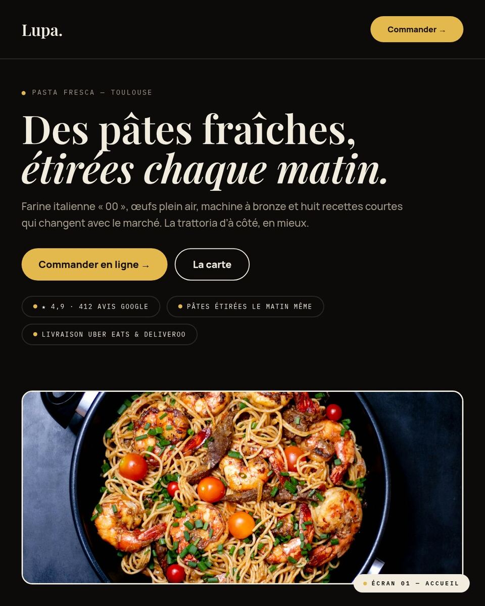 Concept Lupa : trattoria italienne, photo de plat en pleine largeur signée SERVIO