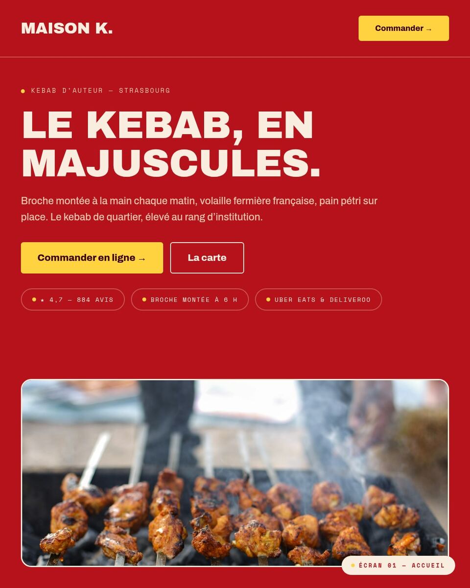 Page d'accueil du concept Maison K par SERVIO : identité visuelle forte et commande en ligne